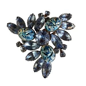 Vintage Blue Swirl & Crystal Brooch Pin Statement Bouquet Rhinestone Art Deco